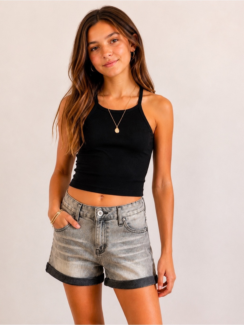NWT Hudson Girls Roll Cuff Denim Shorts Size 16 Ether Gray Black Stretch